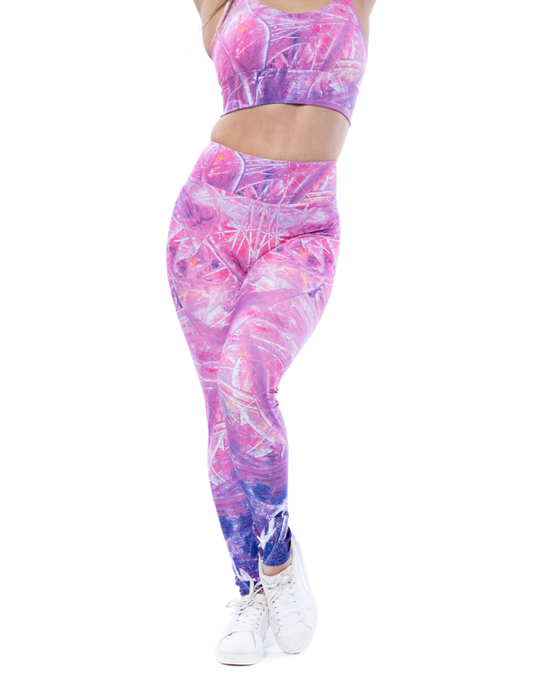 high waisted leggings in purple abstract pattern