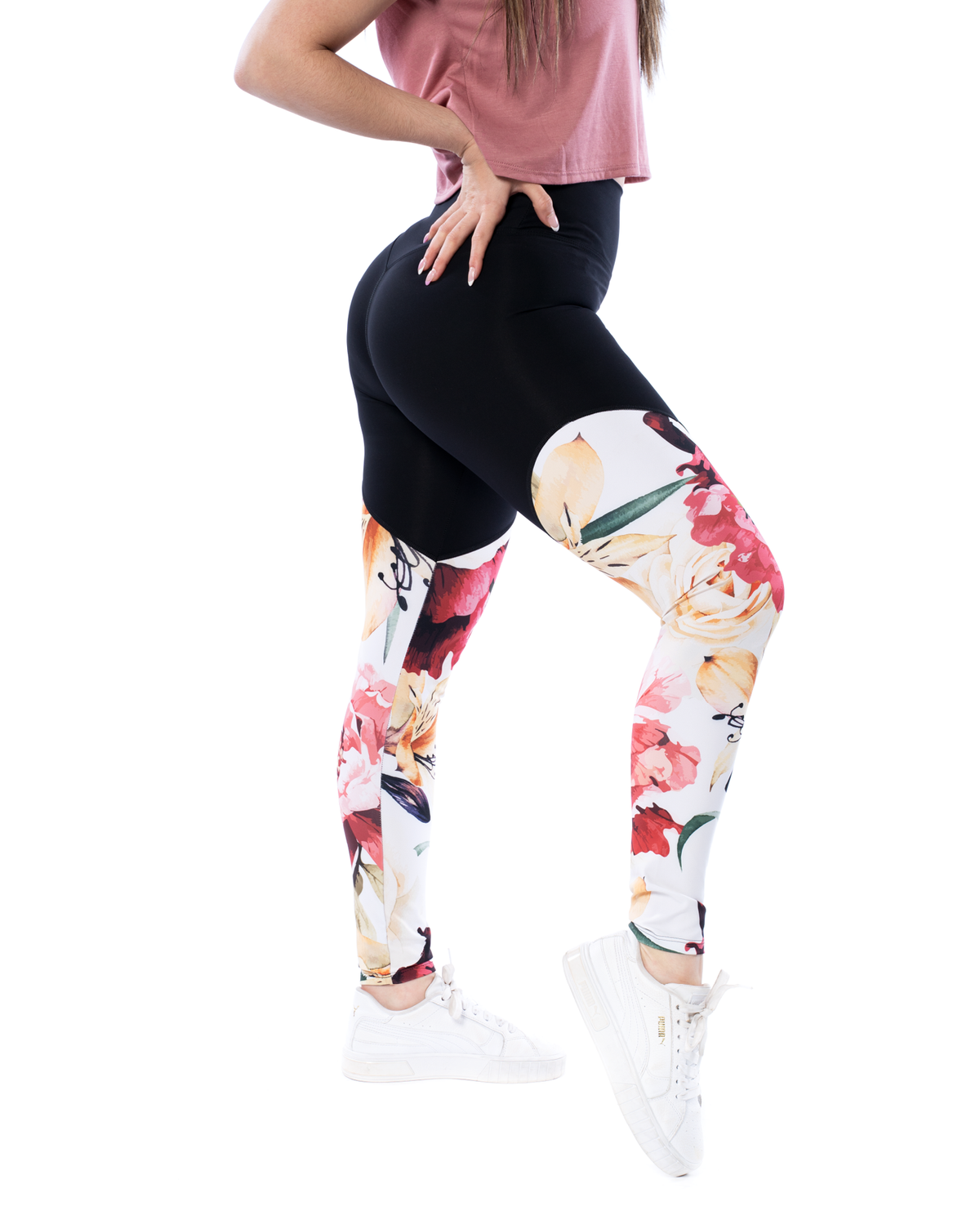 pink crop tee and floral high waisted compression leggings with black top part