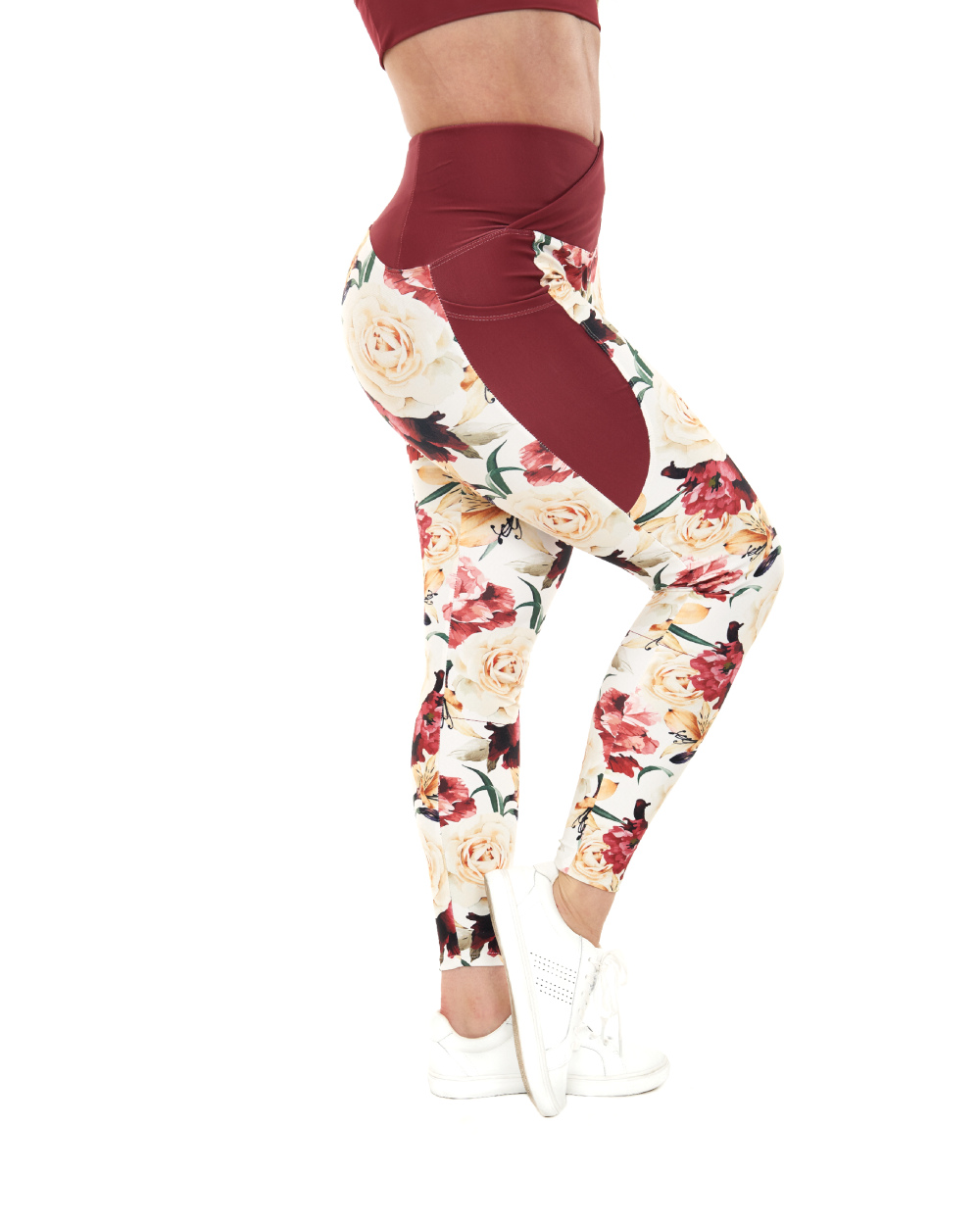 high waisted crossover leggings burgundy floral