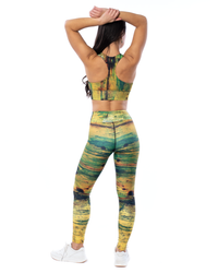activewear matching set high waisted leggings and sports bra green yellow pattern back