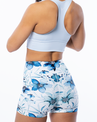 blue matching set high waisted shorts and light blue sports bra back with ballerina2