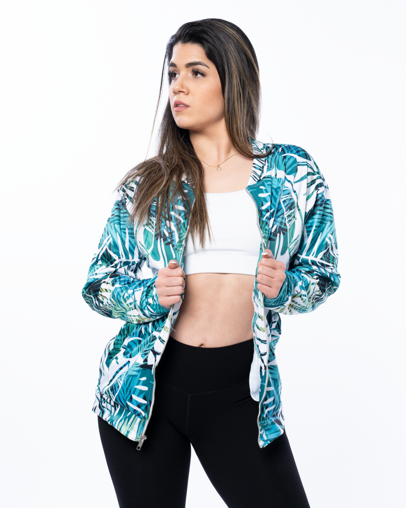 bomber jacket with zipper and pockets green and white pattern floral balkan green
