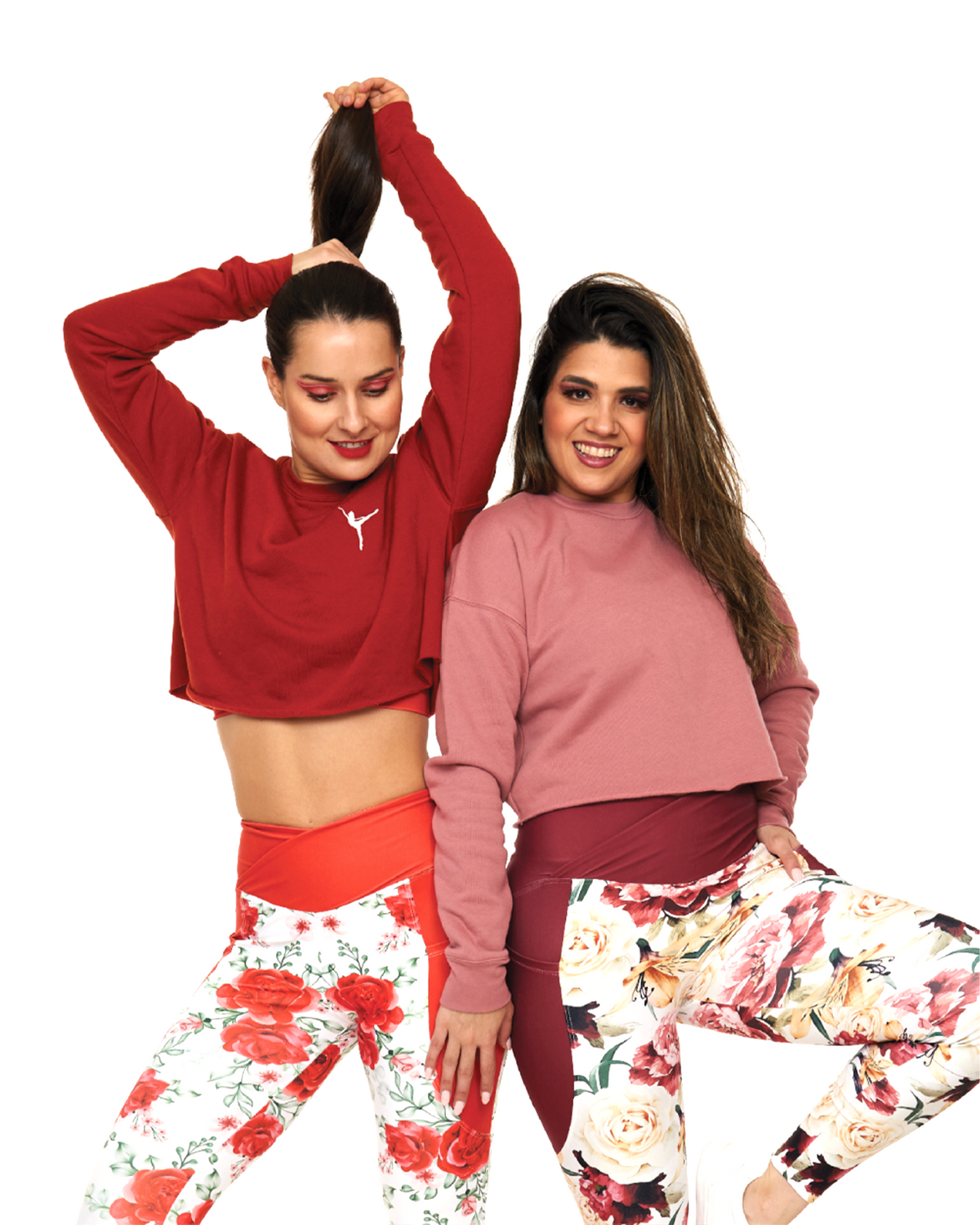 girls wearing crop sweatshirts in brick red and dark pink colour with embroidered white ballerina and floral leggings