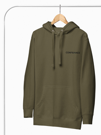 hoodie hanging on a hanger in army green colour