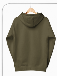 hoodie hanging on a hanger in army green colour showing back of the garment