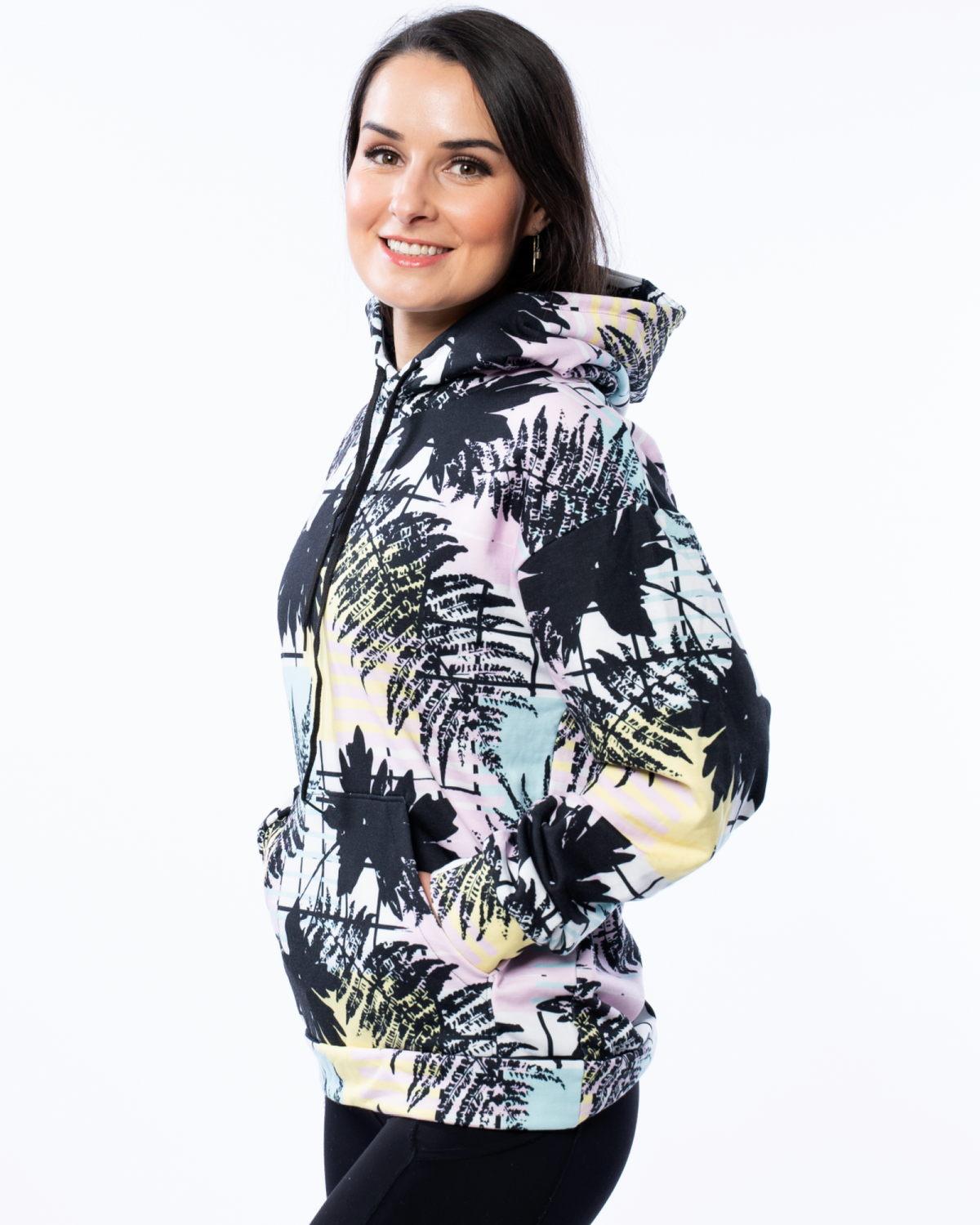 leafy pattern unisex hoodie black yellow pink with side pockets