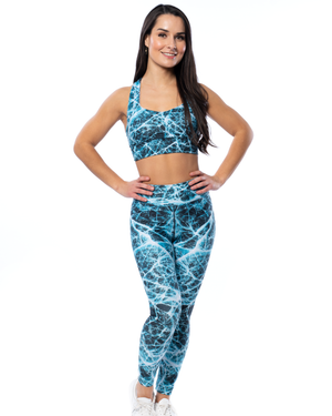 matching activewear set high waisted leggings and sports bra crop top blue white black electric