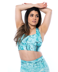 matching set crop top in abstract green blue pattern