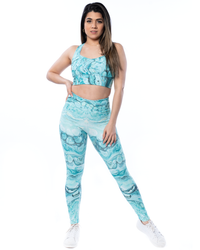 matching set high waisted leggings and longline bra in abstract green blue pattern