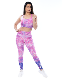 matching set high waisted leggings and longline bra in purple abstract pattern