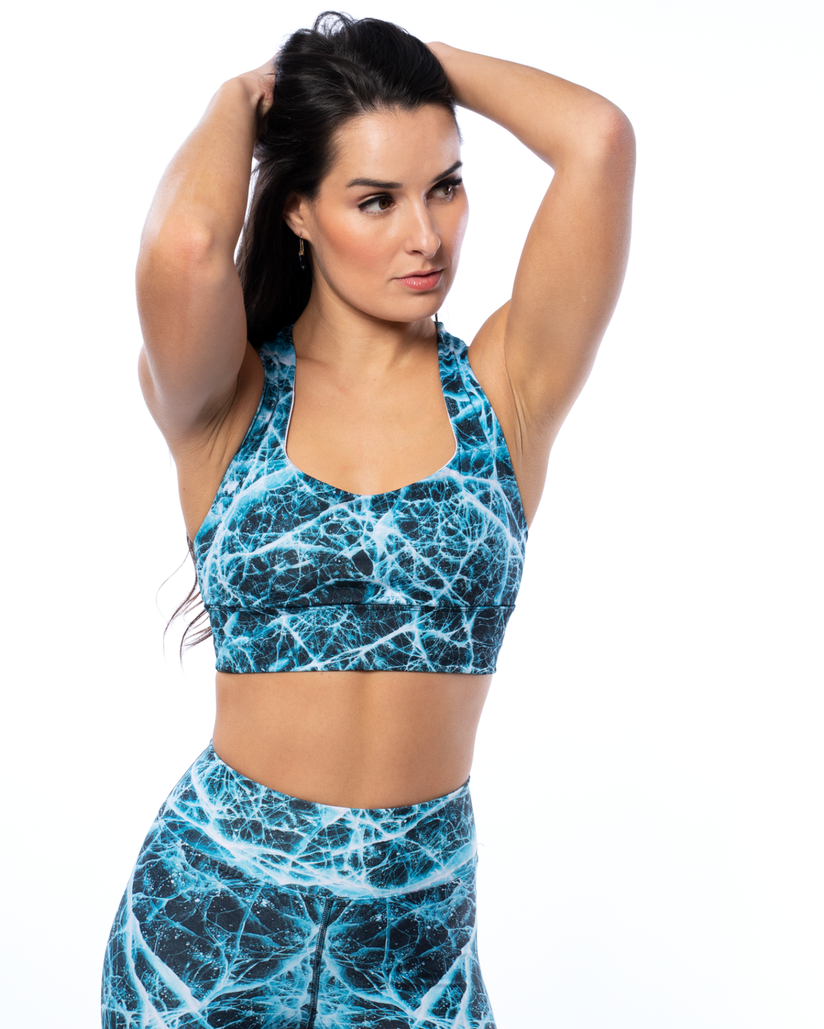 matching set high waisted leggings and sports bra blue dark with white lines